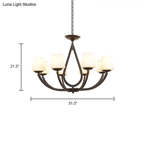 Vintage Pendant Light With Milk Glass Shade - Metal Black Finish Chandelier Swoop Arm