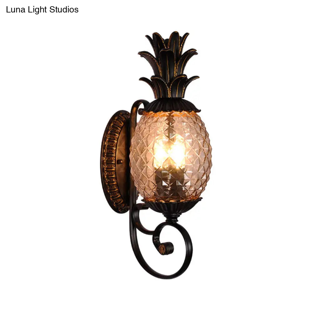 Vintage Pineapple Outdoor Wall Lamp - Brass Mount Light With Smoke Gray Ribbed Glass And 1-Bulb