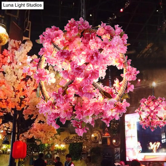 Retro Pink Ball Pendant Light With Flower Decoration Led Ceiling Lamp For Restaurants - 14/18/19.5