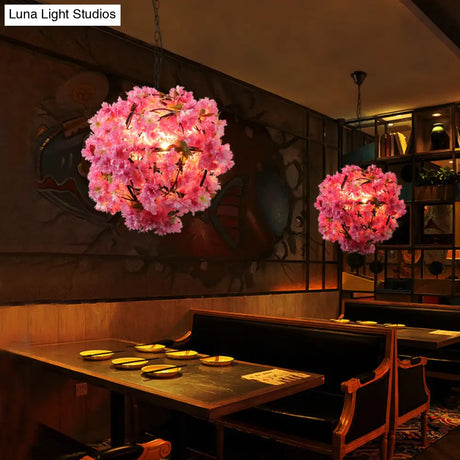 Vintage Pink Metal Pendant Light With Floral Design – 1-Light Hanging Lamp