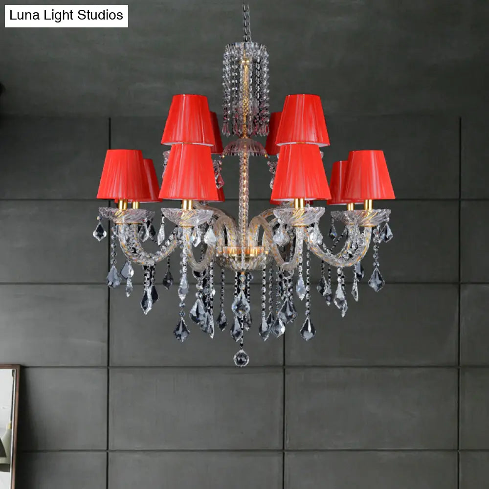 Vintage Red Cone Chandelier With Crystal Accents - 12 Head Bedroom Ceiling Lamp