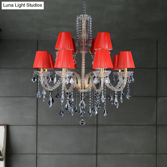 Vintage Red Cone Chandelier With Crystal Accents - 12 Head Bedroom Ceiling Lamp