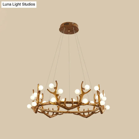 Vintage Resin Brown Led Chandelier Light - Antler Living Room Ceiling Lighting With Frosted Glass