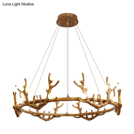 Vintage Resin Brown Led Chandelier Light - Antler Living Room Ceiling Lighting With Frosted Glass