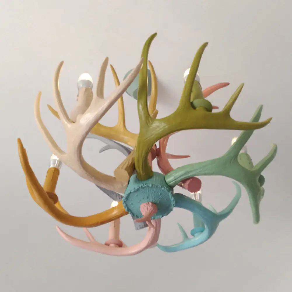 Vintage Resin Deer Horn Chandelier Pendant Light For Restaurants 6 / Pink