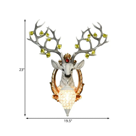 Vintage Resin Deer Wall Lamp - 19.5/23 White/Yellow Sconce Light With Crystal Teardrop Shade