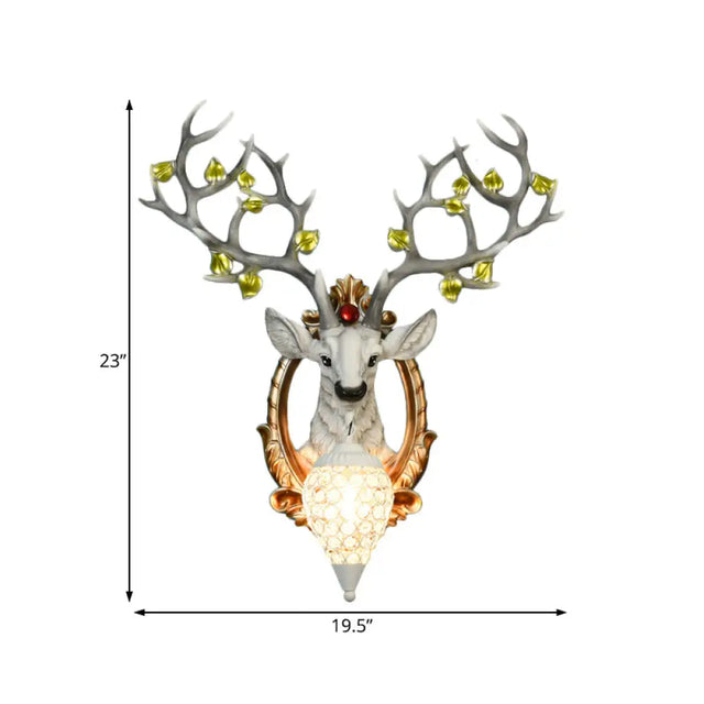 Vintage Resin Deer Wall Lamp - 19.5/23 White/Yellow Sconce Light With Crystal Teardrop Shade