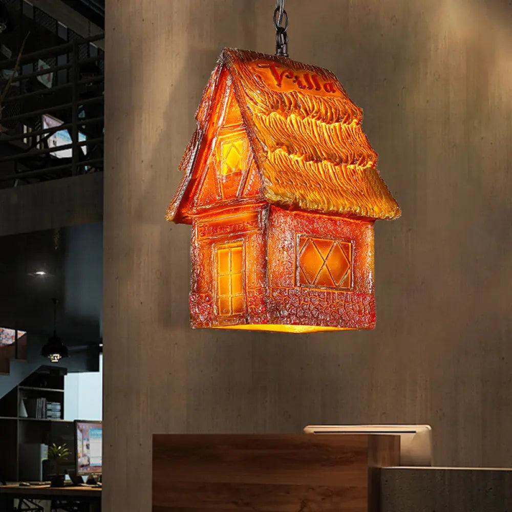 Vintage Resin House Shade Hanging Pendant Light For Dining Room In Brown/Pink Rust / B