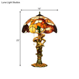 Vintage Resin Woman Carrying Pot Night Lamp With Tiffany Glass Shade - Bronze Table Lighting