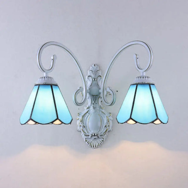 Vintage Retro Cone Wall Light Fixture With Stained Glass - White/Blue Bedroom Lighting Blue