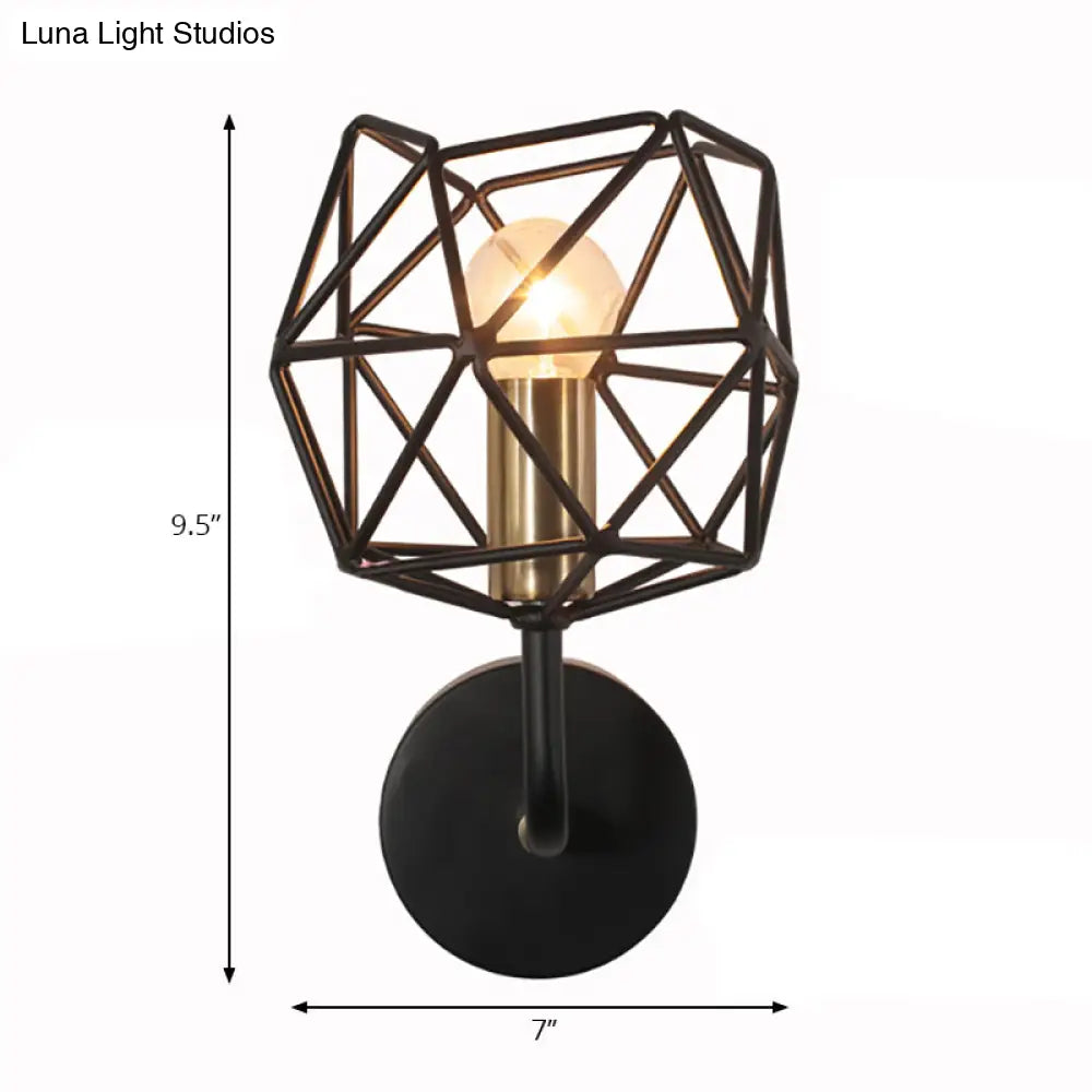 Vintage Retro Metal Polyhedron Wall Sconce: Black Globe Light For Bedroom