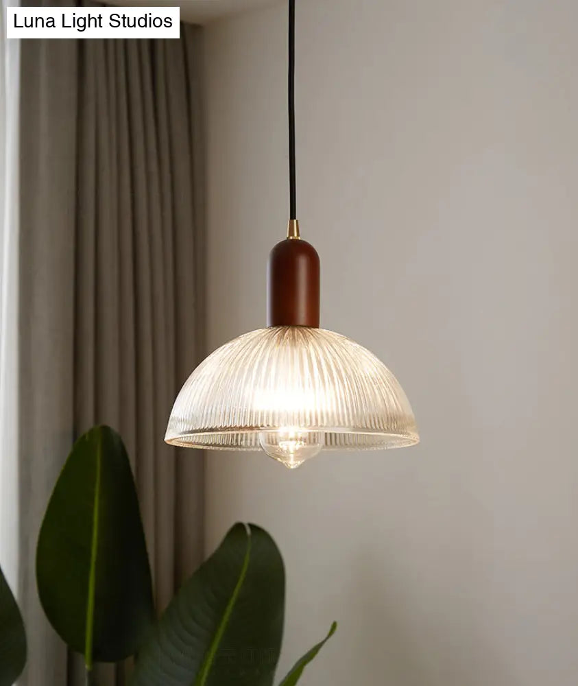 Vintage Ribbed Glass Bowl Pendant Light For Restaurants