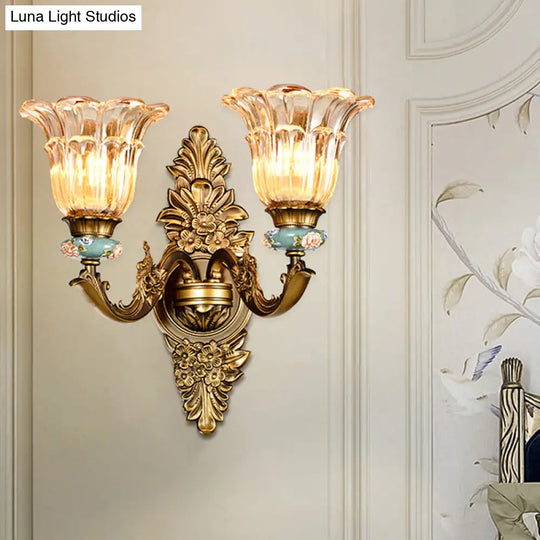 Vintage Ribbed Glass Flower Wall Sconce With Brass 1/2 Heads: Retro Style Mount Lamp
