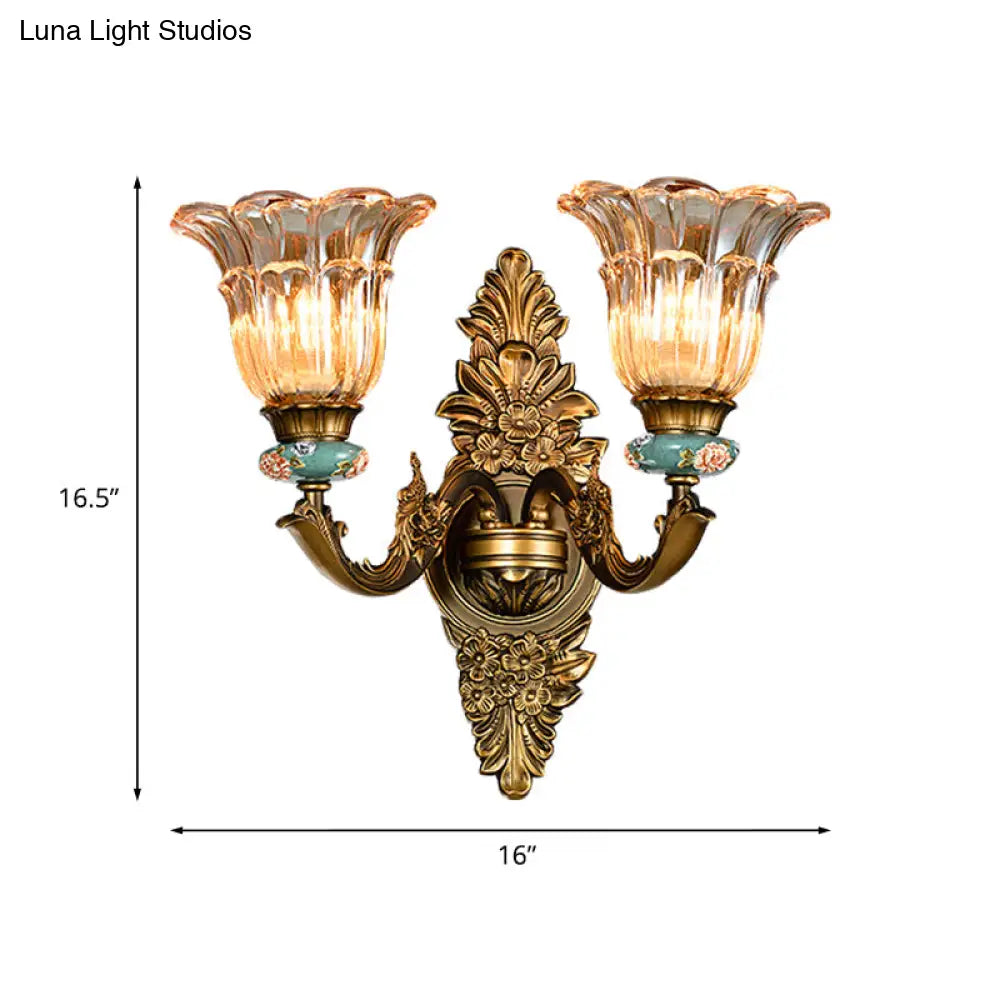 Vintage Ribbed Glass Flower Wall Sconce With Brass 1/2 Heads: Retro Style Mount Lamp