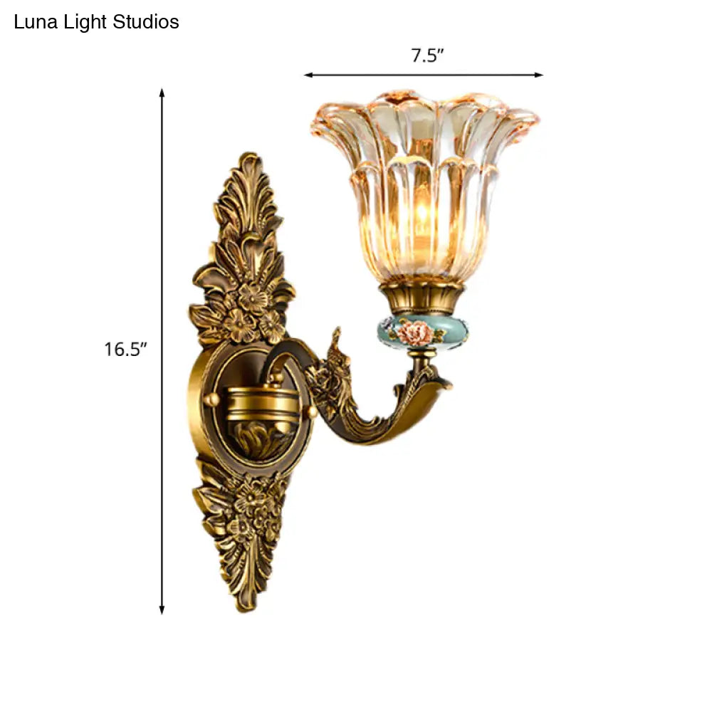 Vintage Ribbed Glass Flower Wall Sconce With Brass 1/2 Heads: Retro Style Mount Lamp