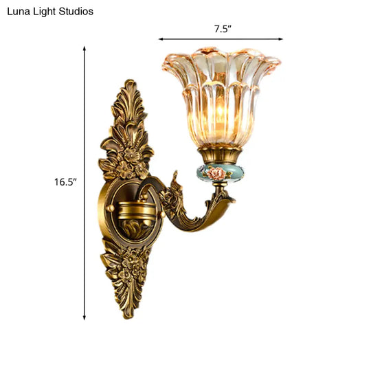 Vintage Ribbed Glass Flower Wall Sconce With Brass 1/2 Heads: Retro Style Mount Lamp