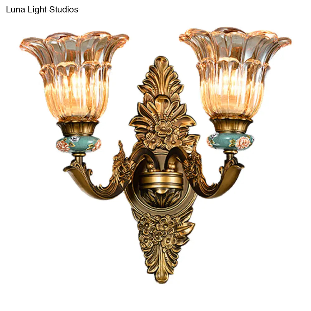 Vintage Ribbed Glass Flower Wall Sconce With Brass 1/2 Heads: Retro Style Mount Lamp