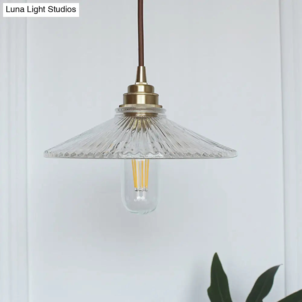 Vintage Ribbed Glass Pendant Light - Clear 1-Light Fixture With Wide Flare Hanging Design