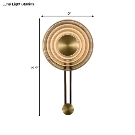 Vintage Rippled Glass Oriental Gong Bell Flush Wall Sconce Antiqued Gold Lounge Fixture