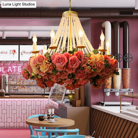 Vintage Rose Chandelier: 10-Bulb Metal Pendant Light In Pink - Ideal For Restaurants
