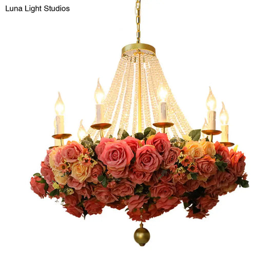 Vintage 10-Bulb Rose Metal Chandelier In Pink For Restaurants