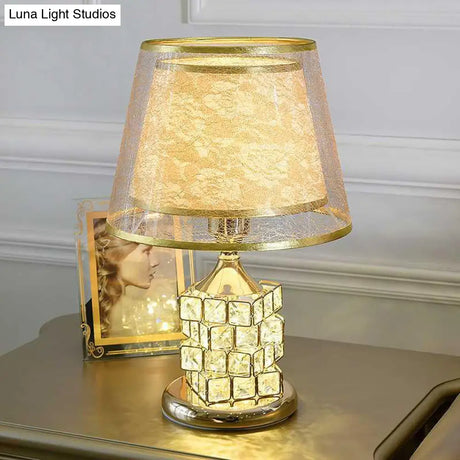 Vintage Rose Print Fabric Table Lamp - Romantic Red/Gold Dual Cone Shade Cube Crystal Base