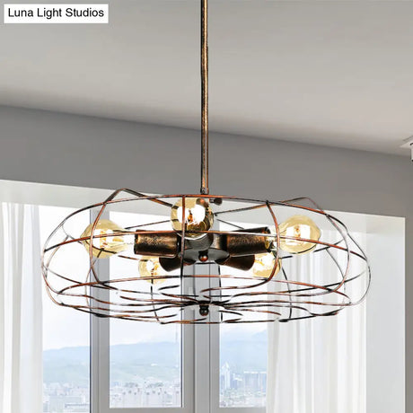 Vintage Round Cage Pendant Chandelier Lamp - 5 Bulbs Wrought Iron Black/Rust Finish