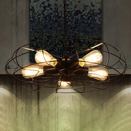 Vintage Round Cage Pendant Chandelier Lamp - 5 Bulbs Wrought Iron Black/Rust Finish Black / Chain