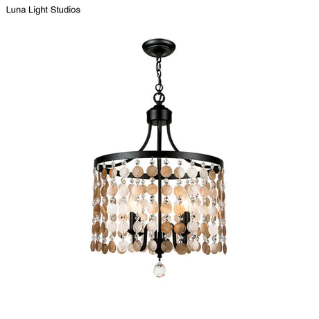Vintage Round Chandelier Light Metal & Shell | 4-Light Suspension Black For Bedroom