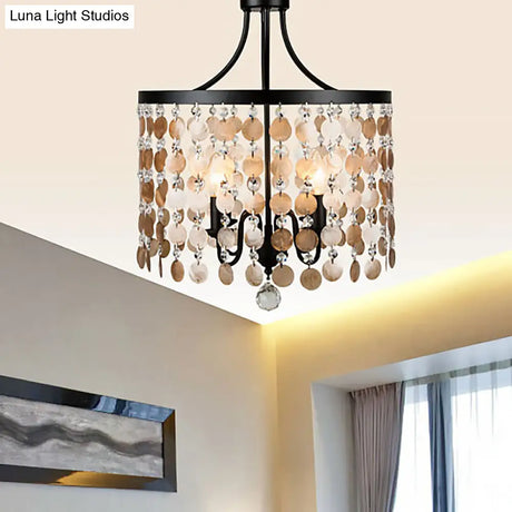Vintage Round Chandelier Light Metal & Shell | 4-Light Suspension Black For Bedroom