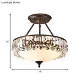 Vintage Round Semi Flush Ceiling Light - Clear K9 Crystal & Milk Glass 4 Lights Black Finish