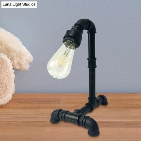 Vintage Rust/Black Metal Arm Night Table Plug-In Lamp With Exposed Bulb