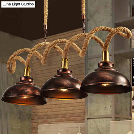 Vintage Rust Finish Dome Island Light Pendant 3-Light Kit With Rope Cord