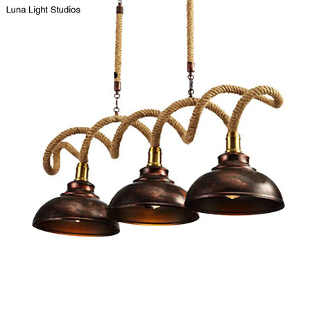 Vintage Rust Finish Dome Island Light Pendant 3-Light Kit With Rope Cord