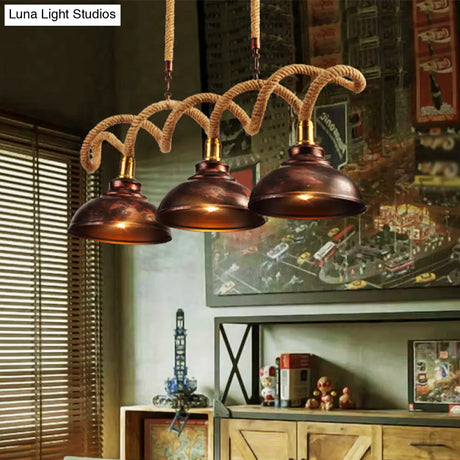 Vintage Rust Finish Dome Island Light Pendant 3-Light Kit With Rope Cord