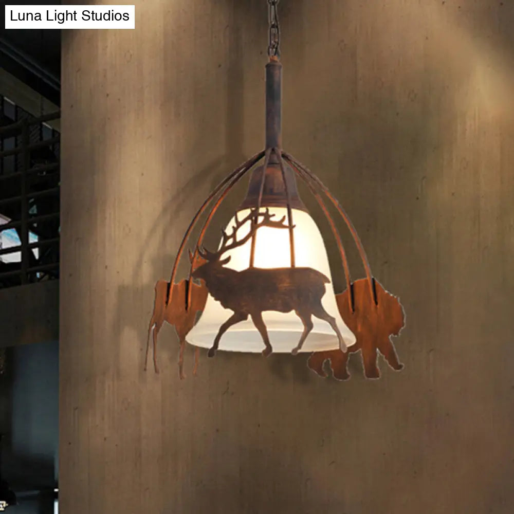 Vintage Rust Pendant Light With Opal Glass Shade And Elk Cage - 1-Light Ceiling Hanging Lamp