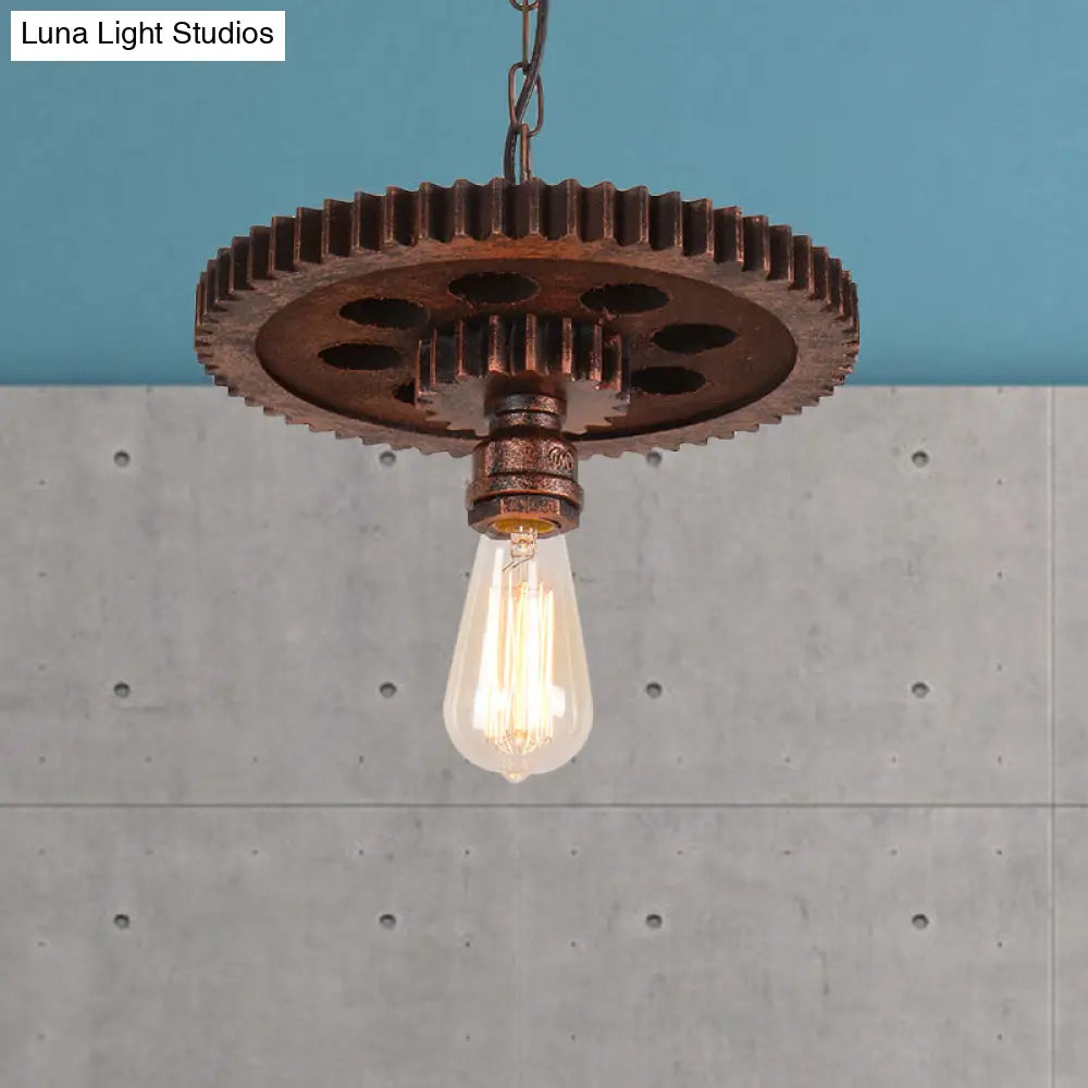 Vintage Rustic Bare Bulb Hanging Light With Iron Gear Decoration