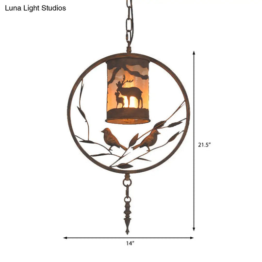 Vintage Rust Cylinder Wall Sconce With Fabric Shade Bird Accent And 1 Light For Dining Room Lighting