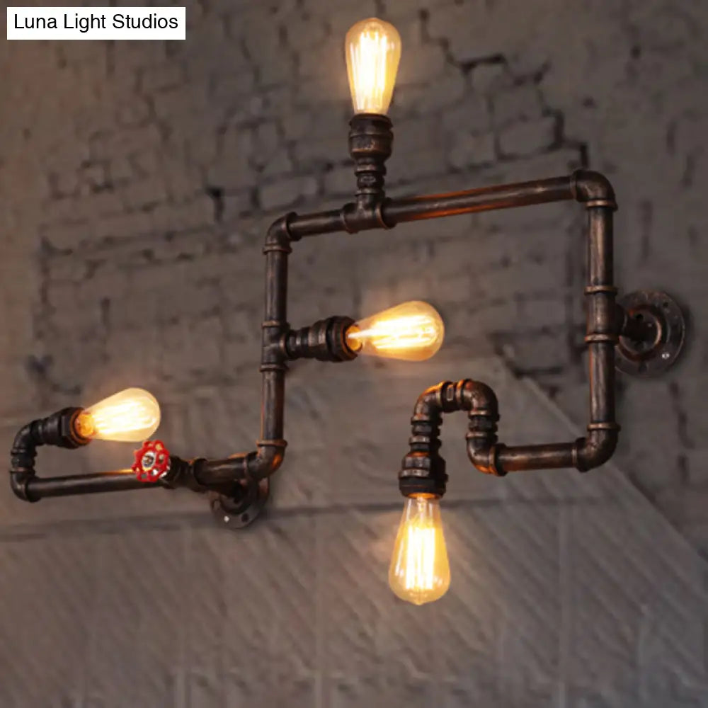 Vintage Rustic Iron Pipe Wall Light Fixture With 4 Lights And Valve Handle For Restaurants