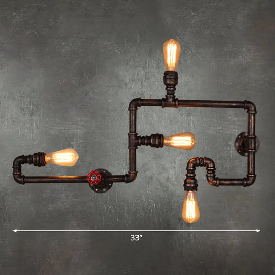 Vintage Rustic Iron Pipe Wall Light Fixture With 4 Lights And Valve Handle For Restaurants Rust