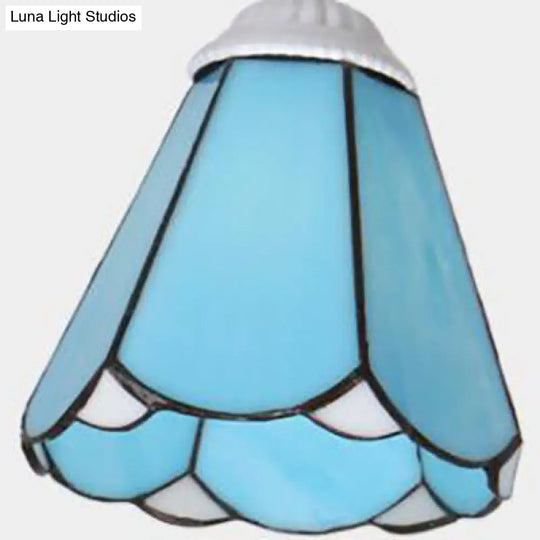 Vintage Rustic Stained Glass Semi Flush Mount Light With Shade - White/Sky Blue/Blue