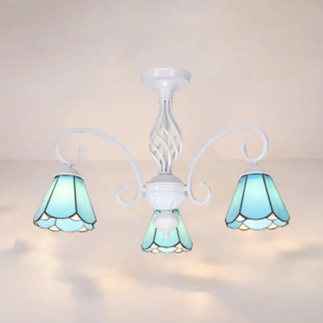 Vintage Rustic Stained Glass Semi Flush Mount Light With Shade - White/Sky Blue/Blue Sky Blue