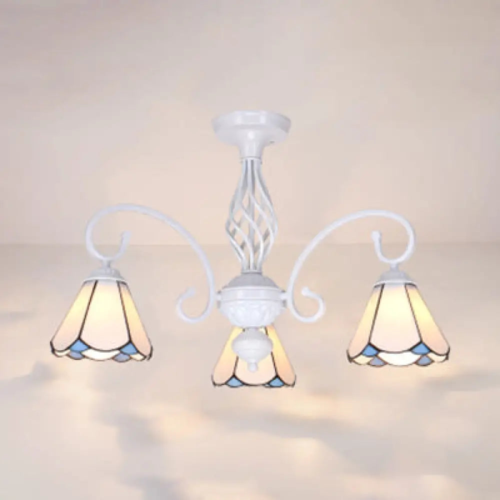 Vintage Rustic Stained Glass Semi Flush Mount Light With Shade - White/Sky Blue/Blue White