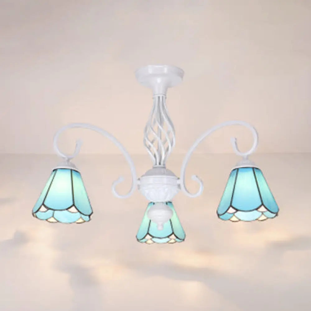 Vintage Rustic Stained Glass Semi Flush Mount Light With Shade - White/Sky Blue/Blue Sky Blue