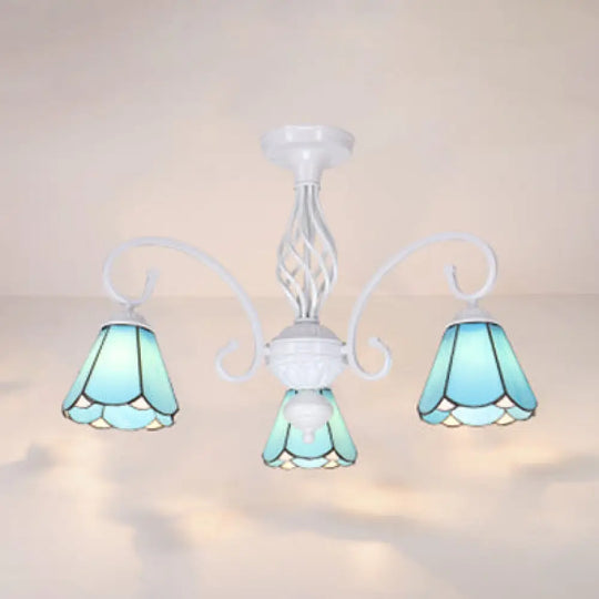 Vintage Rustic Stained Glass Semi Flush Mount Light With Shade - White/Sky Blue/Blue Sky Blue