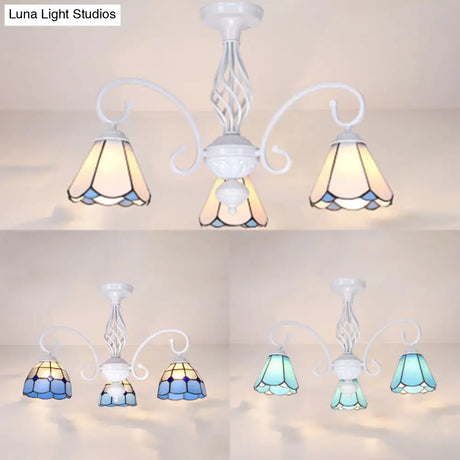 Vintage Rustic Stained Glass Semi Flush Mount Light With Shade - White/Sky Blue/Blue