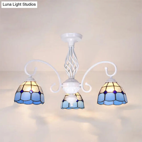 Vintage Rustic Stained Glass Semi Flush Mount Light With Shade - White/Sky Blue/Blue Blue
