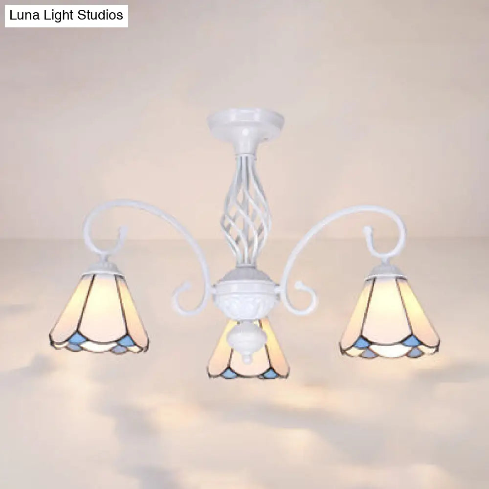 Vintage Rustic Stained Glass Semi Flush Mount Light With Shade - White/Sky Blue/Blue White
