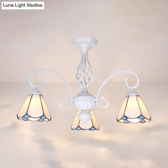 Vintage Rustic Stained Glass Semi Flush Mount Light With Shade - White/Sky Blue/Blue White