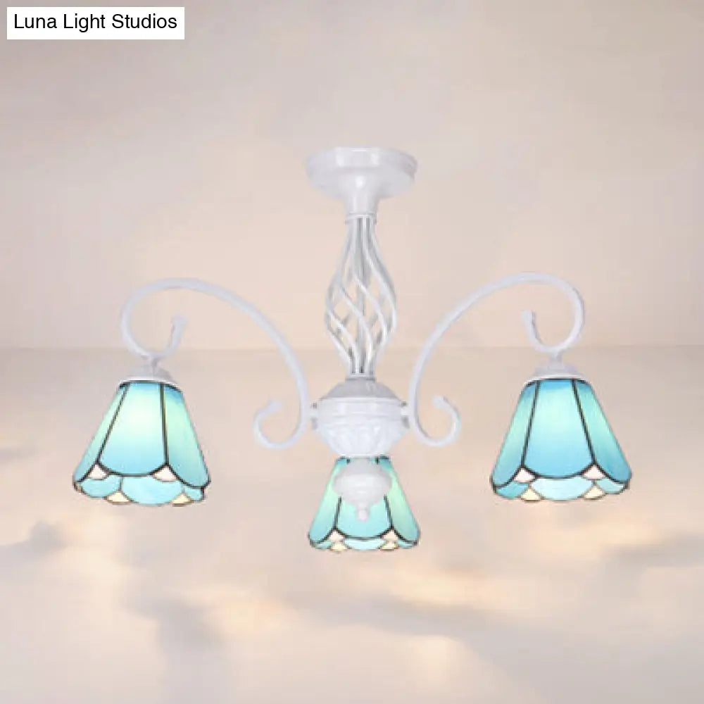 Vintage Rustic Stained Glass Semi Flush Mount Light With Shade - White/Sky Blue/Blue Sky Blue